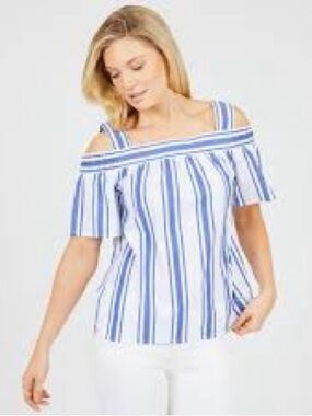 🌖 🆕 Nautica Blue and White Striped Off-Shoulder Top